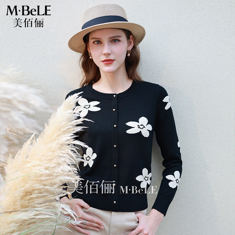 美佰俪天丝套头针织衫女长袖2026秋冬新款独特提花气质显瘦上衣