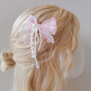 女童粉色蝴蝶结发夹头饰小童可爱对夹儿童古典舞发饰女孩珍珠发卡