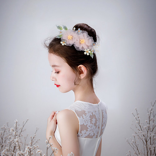 女童粉色花朵发夹儿童古典舞头饰芭蕾中国舞发饰汉服发卡绢花发夹