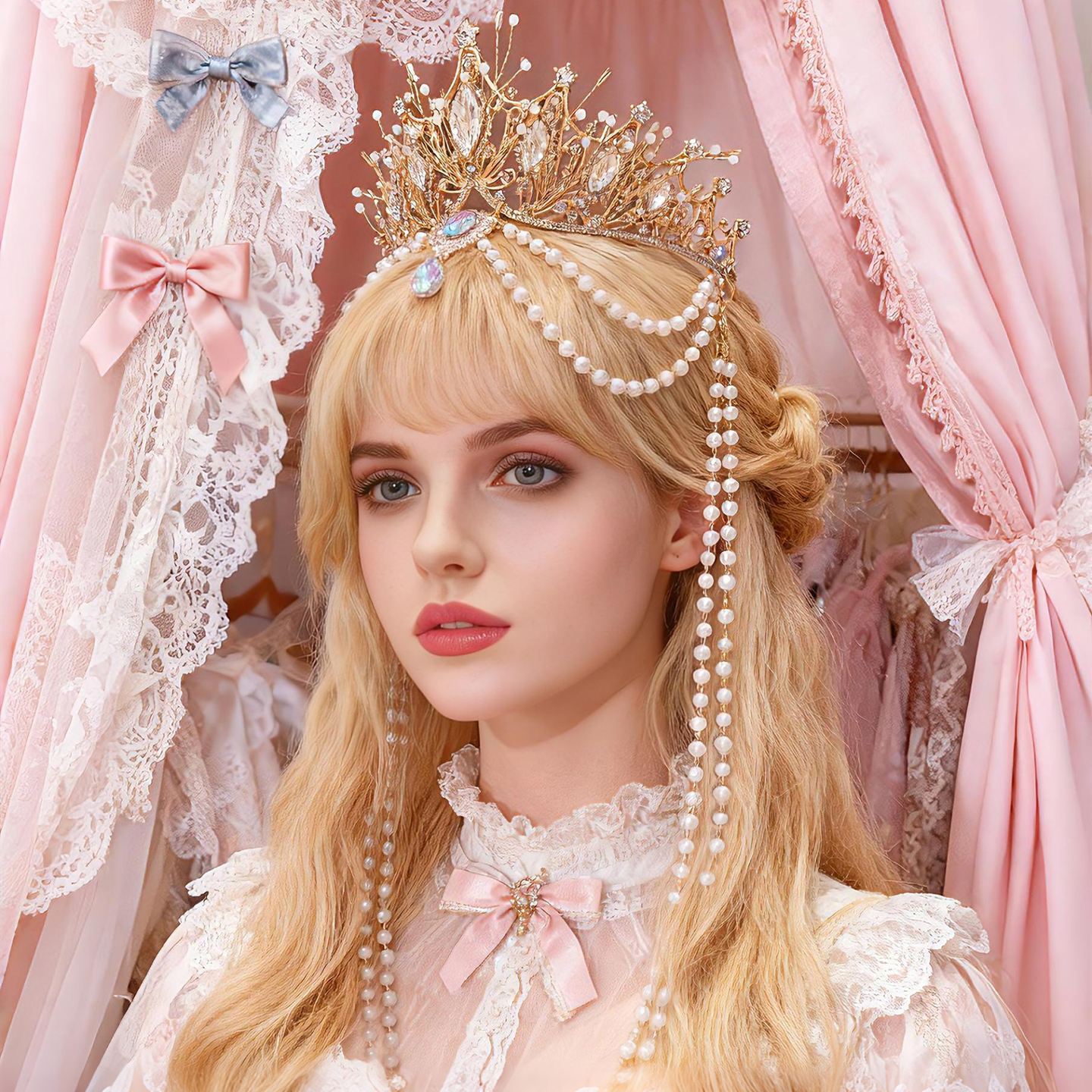 宫廷风公主流苏皇冠圣母光环发箍珍珠王冠花嫁茶会发饰洛丽风头饰