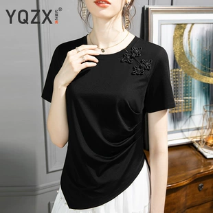 T恤女夏季 设计感不规则褶皱收腰开叉别致上衣 中国风复古盘扣短袖