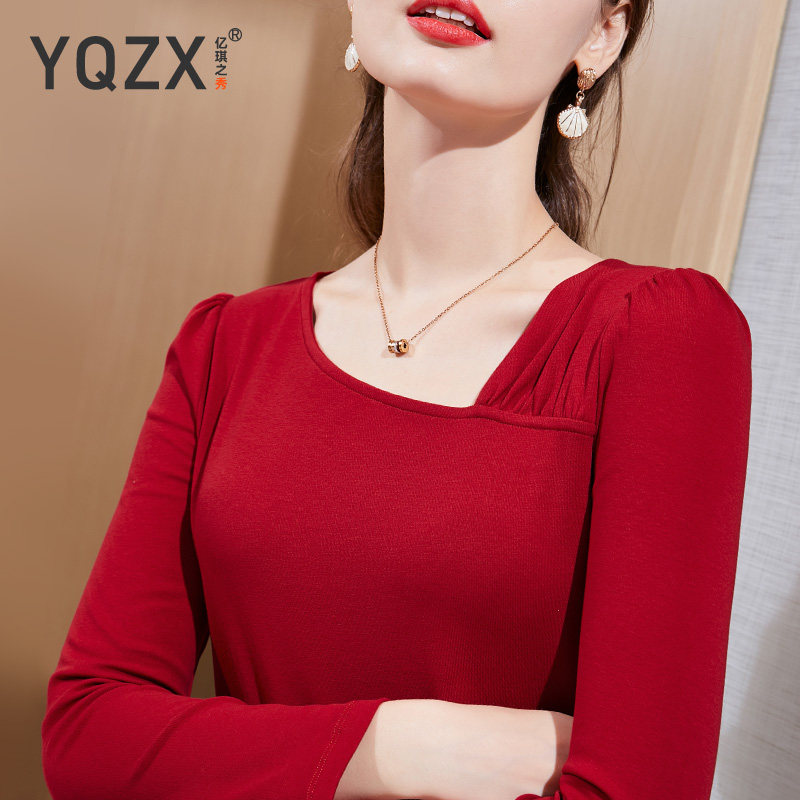 复古法式斜领长袖t恤女秋季2020新款车厘子红修身内搭纯棉打底衫
