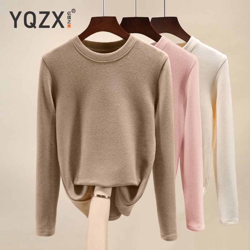 双面德绒打底衫女内搭秋冬加绒加厚圆领t恤百搭保暖长袖上衣洋气