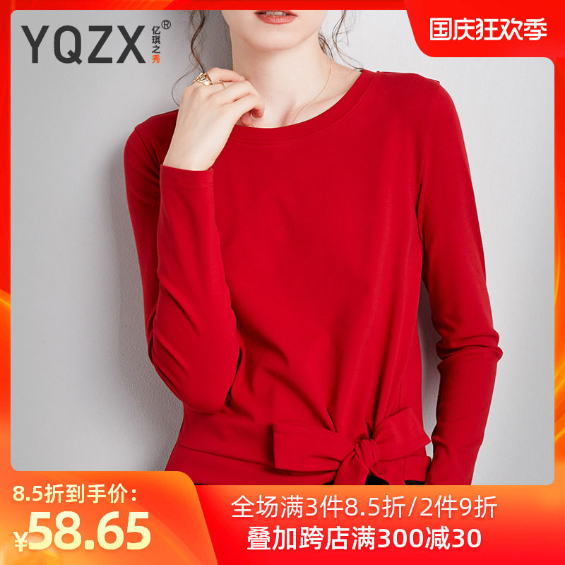 车厘子红长袖T恤女纯棉秋装2020年新款蝴蝶结宽松显瘦内搭打底衫