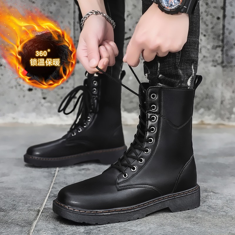 38码个性长筒马丁靴男冬保暖加绒高筒雪地棉靴发型师潮流高腰皮靴