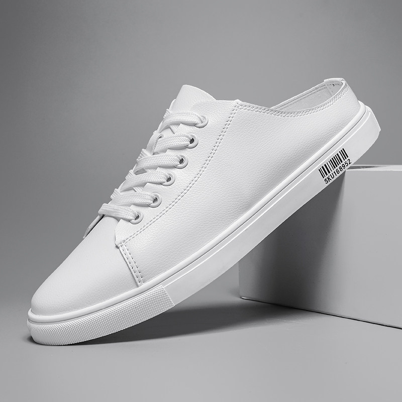 半托懒人鞋男夏天透气纯白色拖鞋无后跟一脚蹬鞋子小白鞋休闲鞋潮