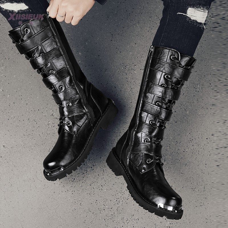 46大码男靴高腰黑色高筒靴子皮靴马丁靴男款演出长筒机车骑士靴子,流行男鞋,马丁靴,淘宝优惠券,粉丝福利购,淘宝优惠卷