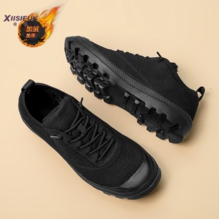 秋冬不累脚厚底一脚蹬加绒棉鞋男全黑色通勤工作鞋冬天女网面棉鞋