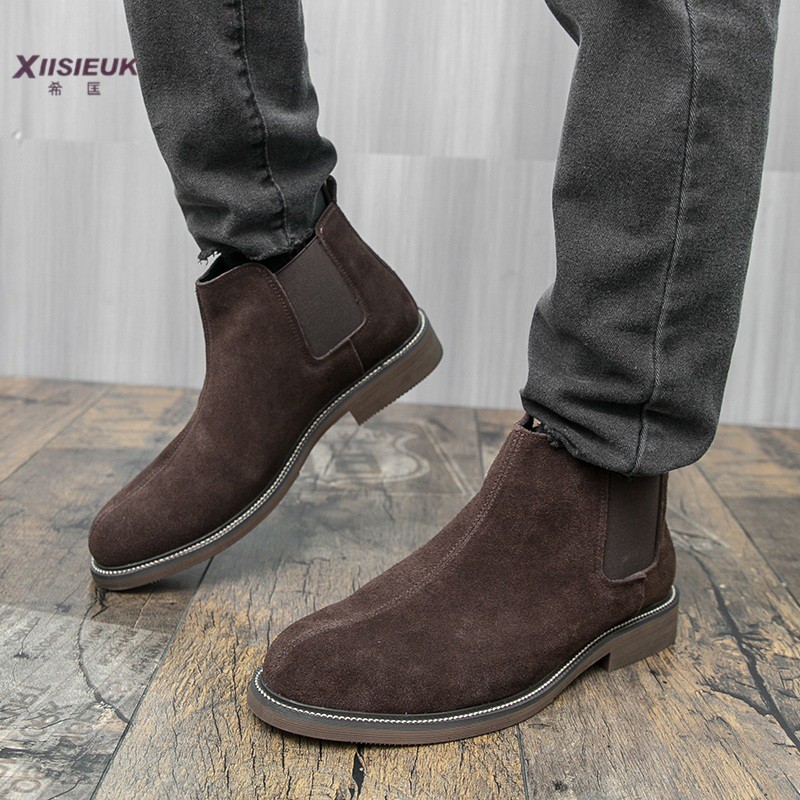 棕色复古真皮磨砂皮切尔西靴