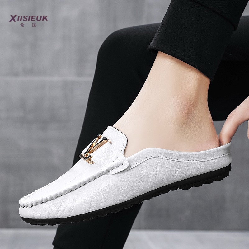 半托豆豆鞋男2025春季新款韩版潮流懒人一脚蹬白色无后跟皮面拖鞋