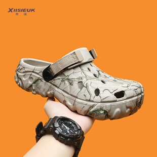 38小码 印花情侣两用凉拖鞋 迷彩洞洞鞋 外穿防滑沙滩凉鞋 男夏季
