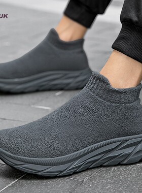 灰色加绒高帮运动鞋男厚底针织布鞋冬天保暖二棉鞋情侣高弹袜子鞋