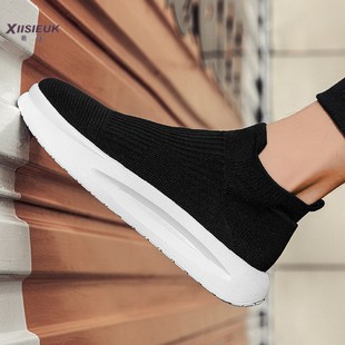 白底黑面男鞋飞织网面帆布鞋一脚蹬懒人厚底增高休闲运动鞋袜子鞋