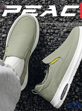 夏季男军绿一脚蹬懒人帆布鞋