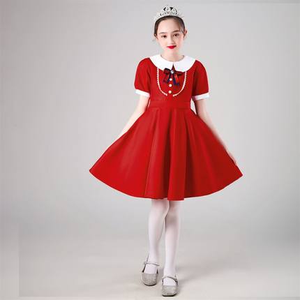 裙六一小学生裙子舞蹈儿童朗诵礼服娃娃童连衣裙红领巾服比赛女童