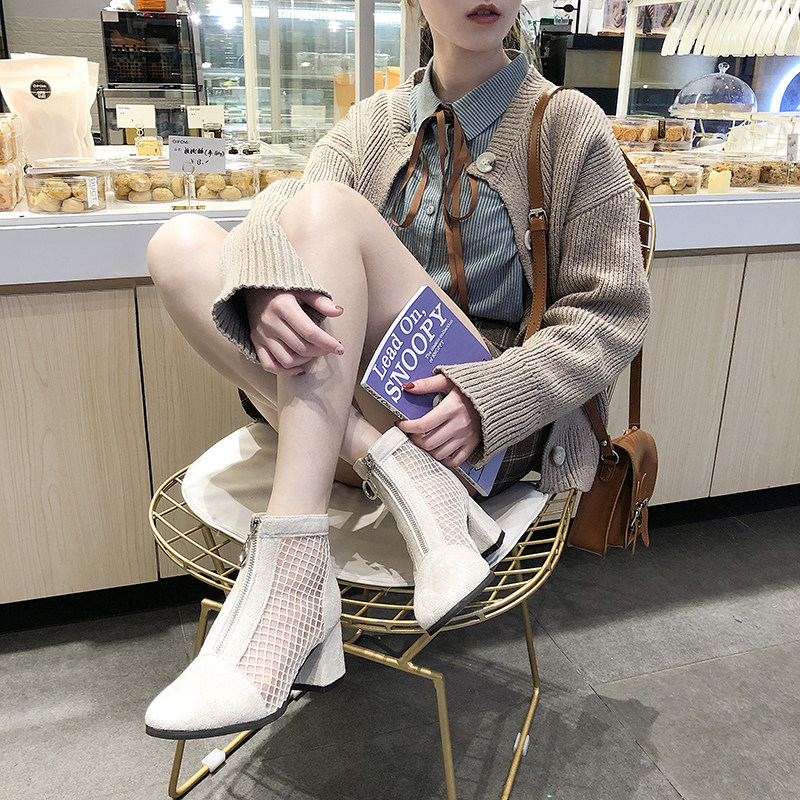 韩版高跟鞋女粗跟网靴女镂空带跟2019夏季新款百搭性感高跟鞋凉靴在类目 女鞋, 靴子中 - 来自Buy2taobao.com提供专业的淘宝代购服务