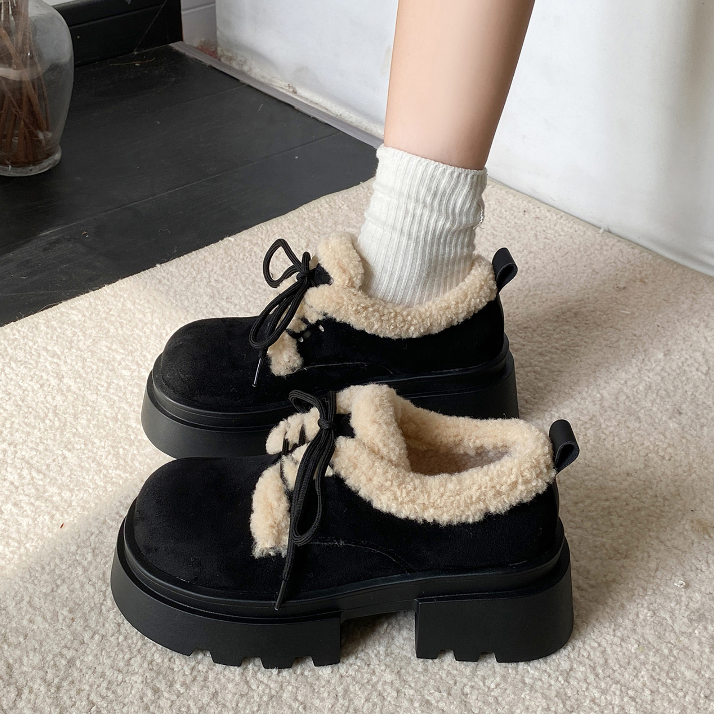 气质单鞋女冬配裙子博肯鞋毛毛鞋