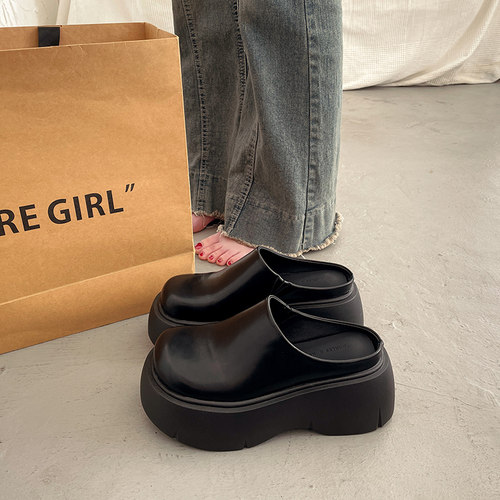 一脚蹬黑色包头拖鞋女春秋勃肯鞋