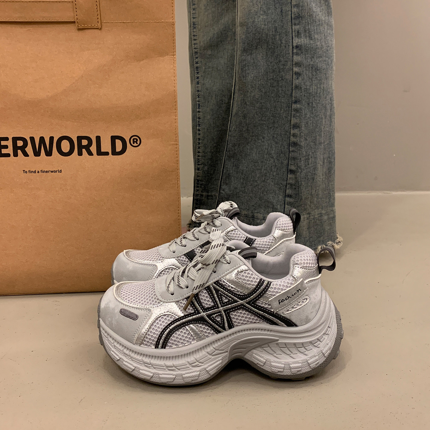 爆款松糕厚底老爹鞋女秋冬小个子增高2025新款百搭银色运动休闲鞋,女鞋,老爹鞋,淘宝优惠券,粉丝福利购,淘宝优惠卷