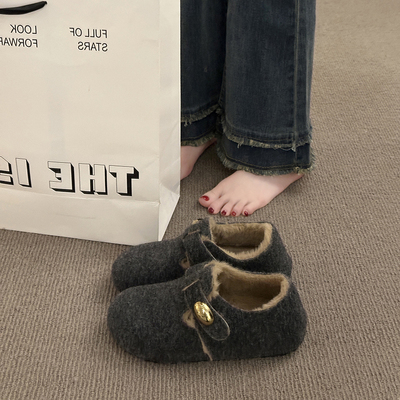 绝美单鞋女秋冬季毛毛博肯鞋全包