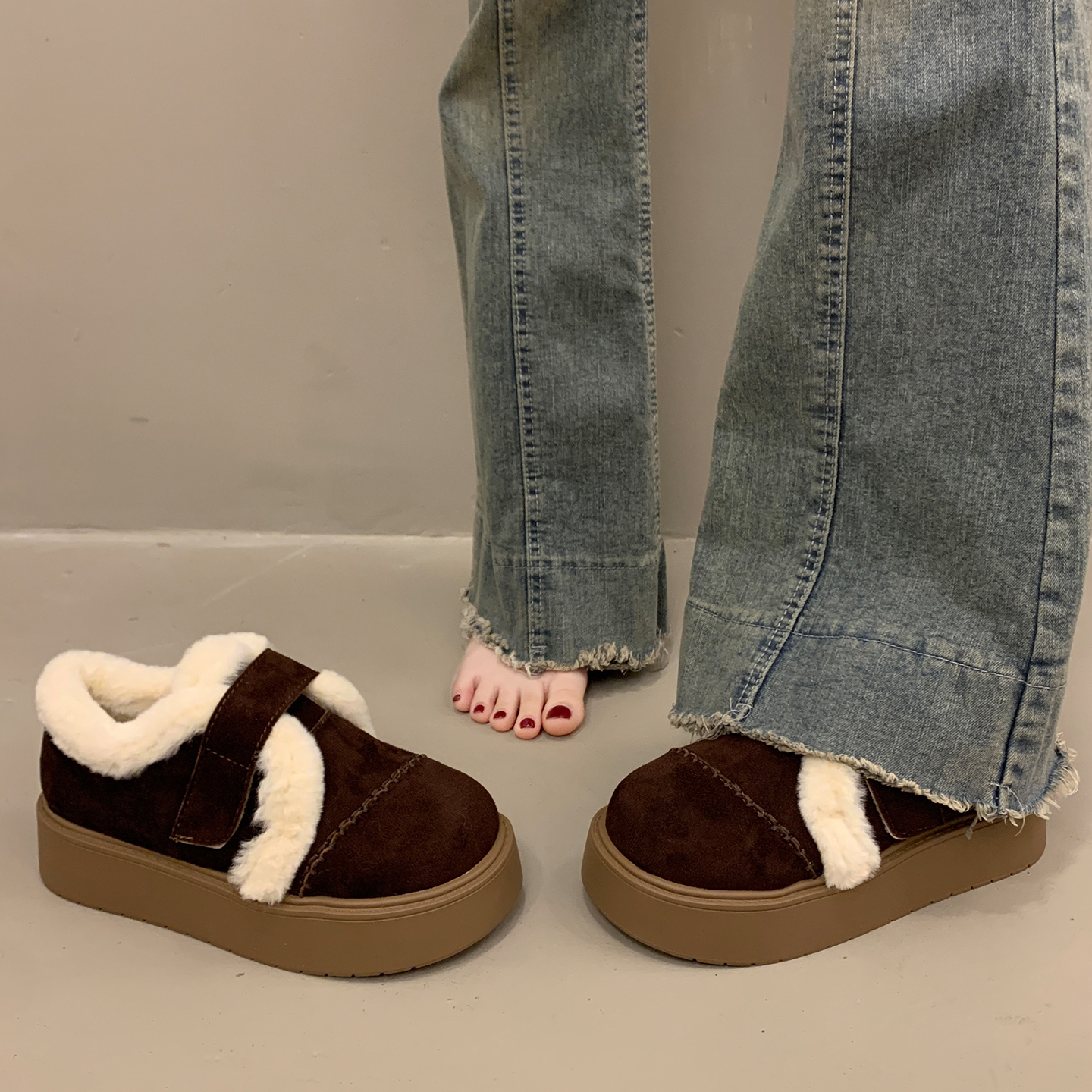 棕色单鞋女冬博肯鞋毛绒雪地棉鞋