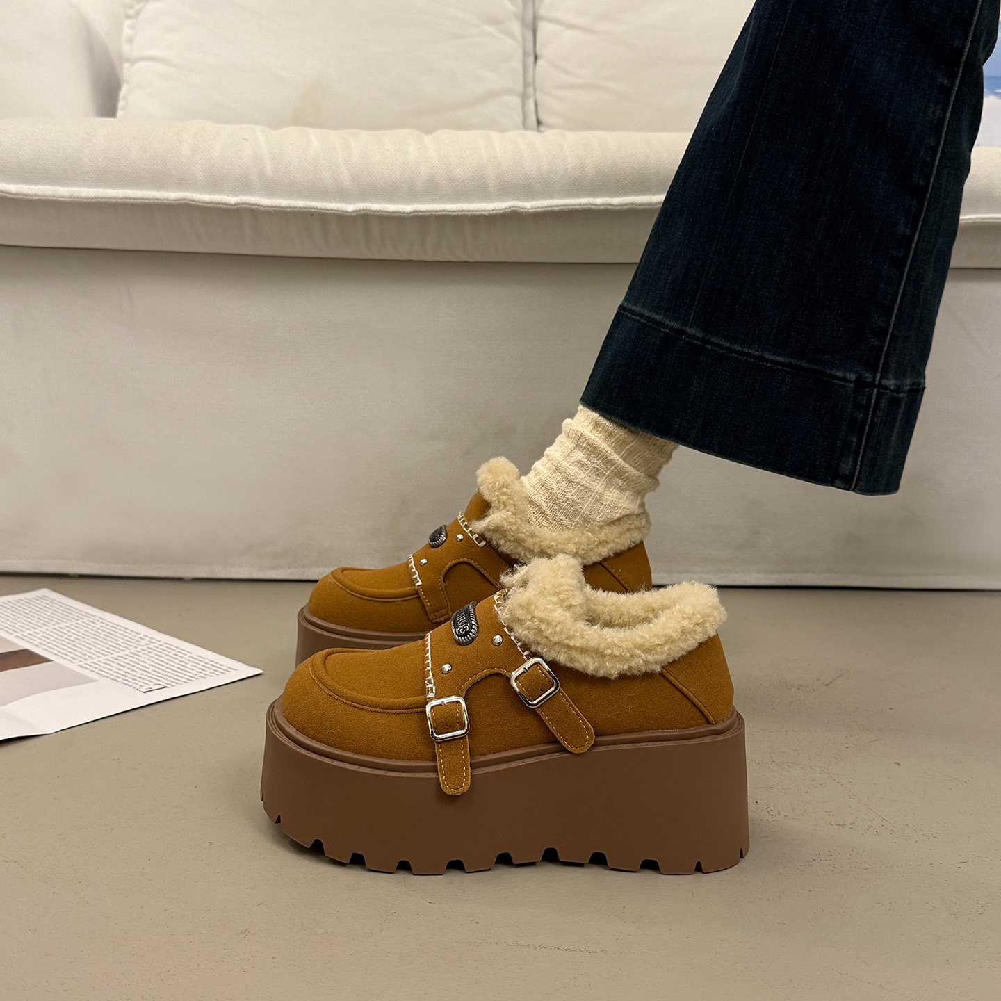 复古棕色深口单鞋女冬全包博肯鞋