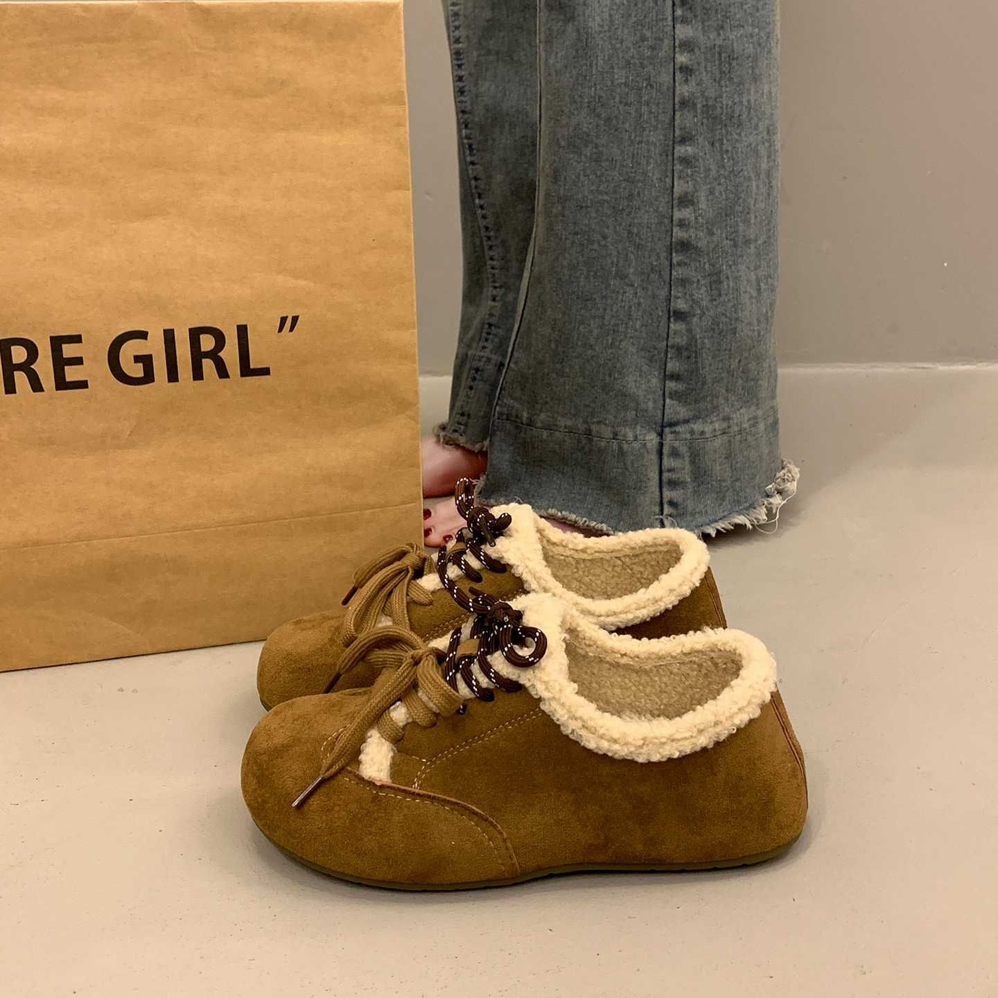 系带平底深口单鞋女冬全包博肯鞋