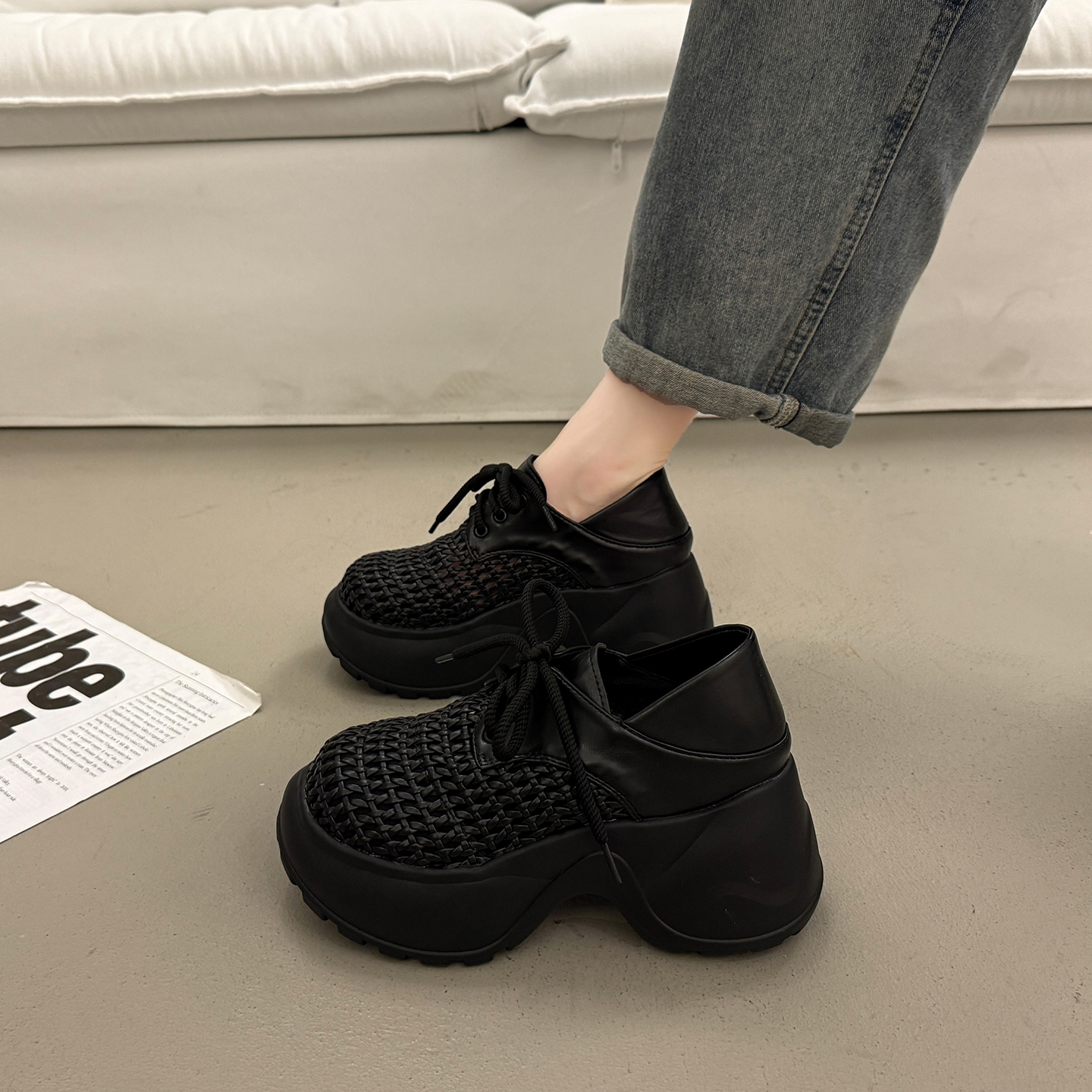 黑色百搭深口单鞋女春秋坡跟皮鞋