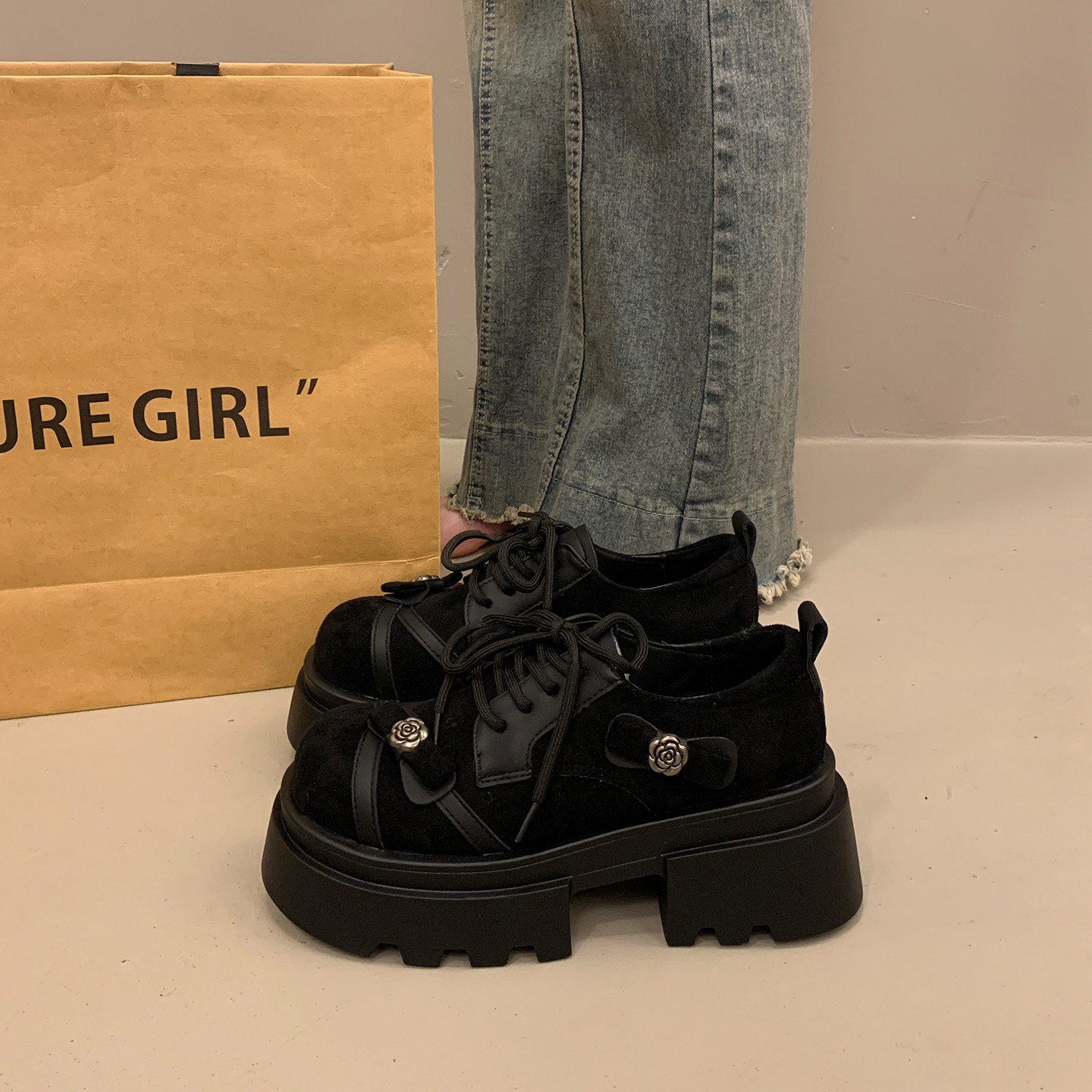 绝美厚底加绒深口单鞋女秋冬季2025新款玛丽珍增高系带黑色小皮鞋,女鞋,深口单鞋,淘宝优惠券,粉丝福利购,淘宝优惠卷