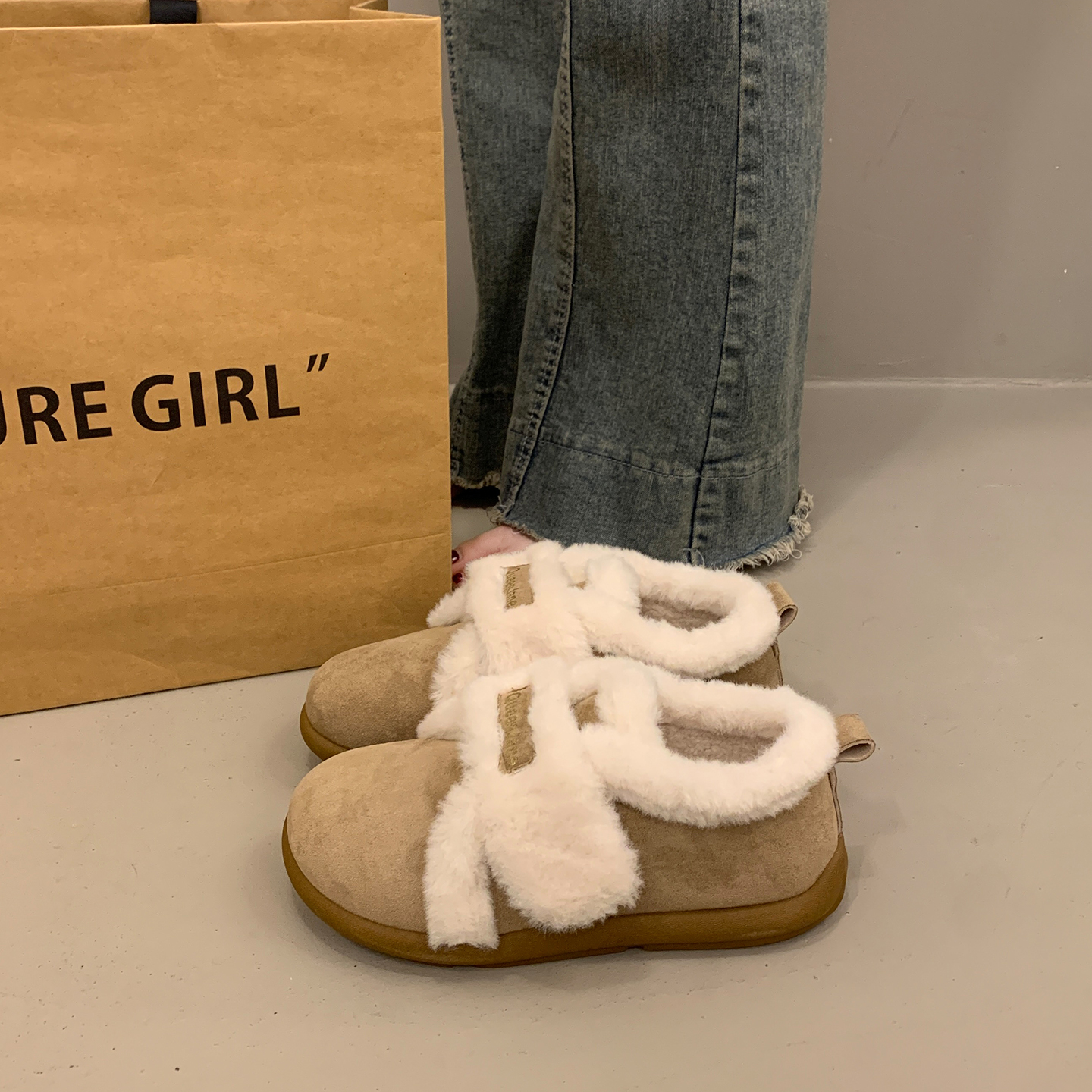 平底棕色单鞋女博肯鞋毛绒大棉鞋