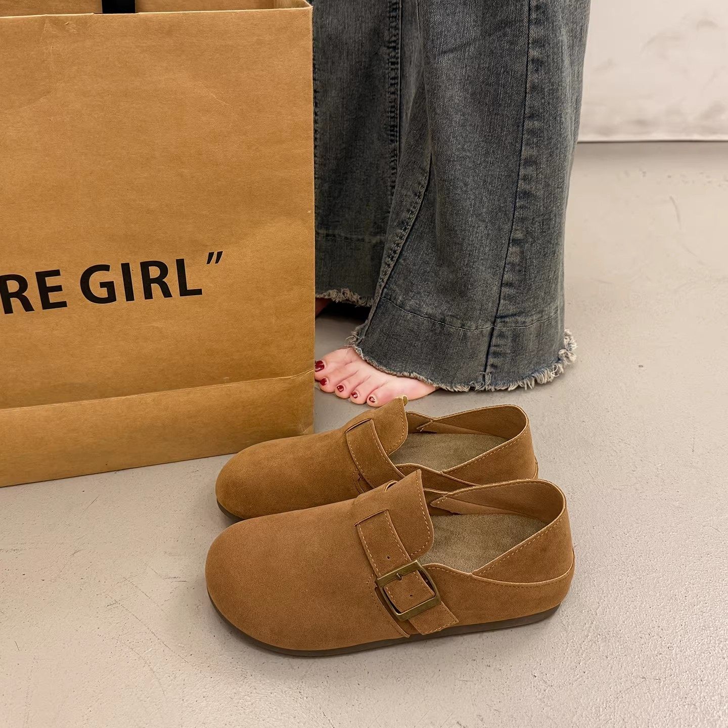 法式圆头深口单鞋女春秋复古厚底勃肯鞋2026新款一脚蹬平底豆豆鞋,女鞋,深口单鞋,淘宝优惠券,粉丝福利购,淘宝优惠卷