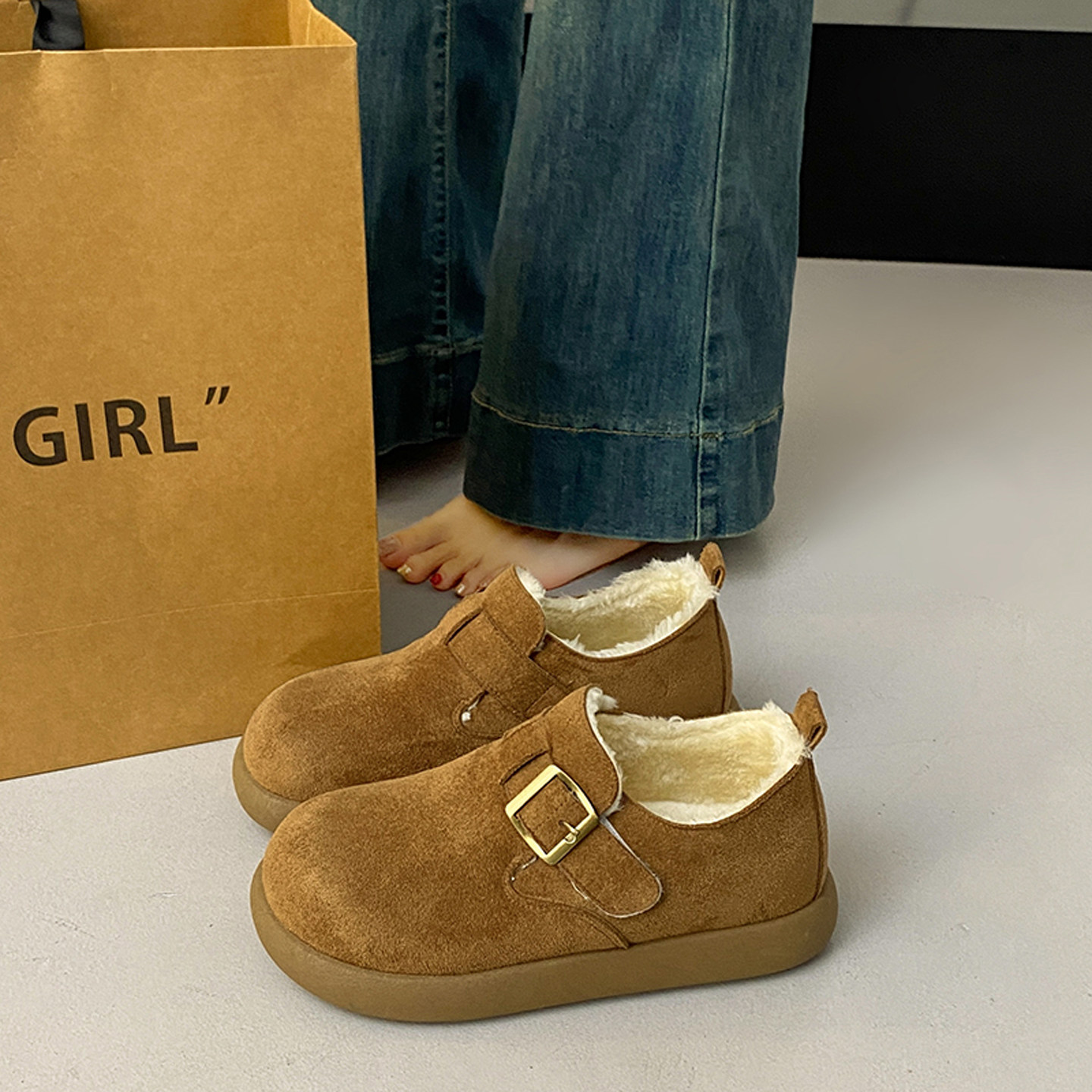 法式绝美单鞋女秋冬博肯鞋毛毛鞋