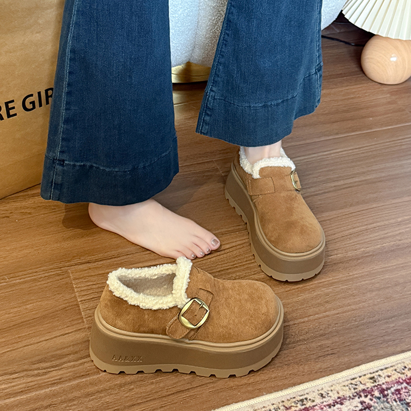 法式气质单鞋女冬圆头博肯毛毛鞋