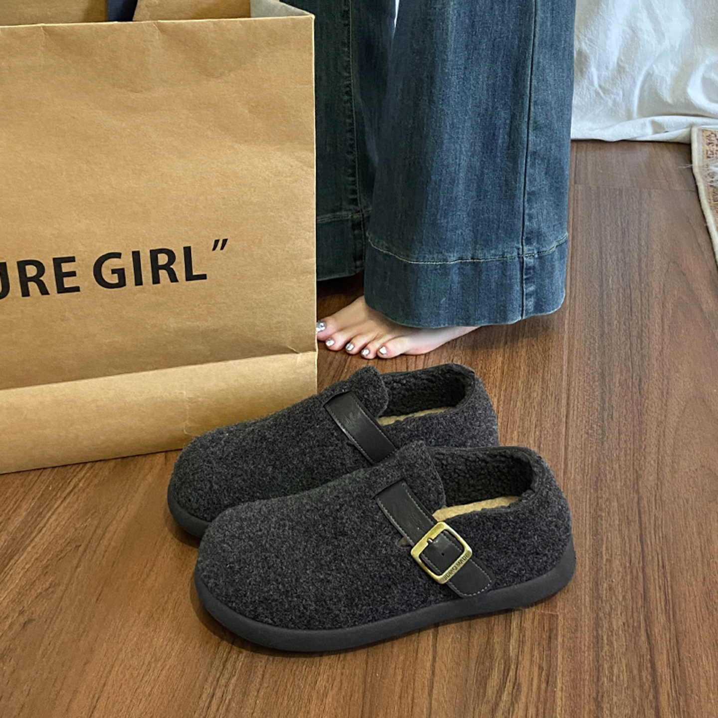 毛毛博肯鞋女秋冬季全包松糕单鞋