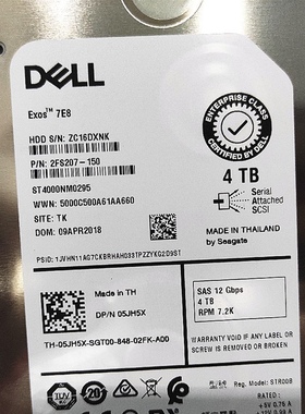 Dell/戴尔 05JH5X ST4000NM0295 4T SAS 3.5 7.2K 12G 硬盘