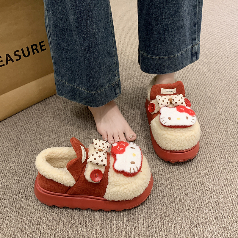 少女心卡通蝴蝶结大头猫棉单鞋女2025冬季新款外穿保暖毛毛棉鞋女