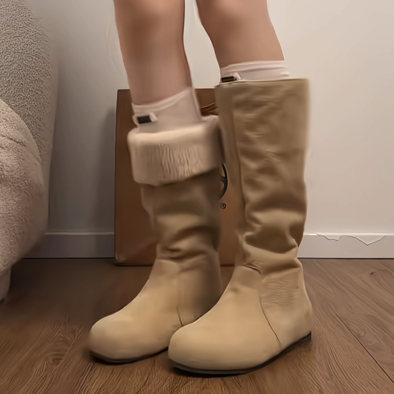 卡其复古加绒厚底靴子女长筒靴2025新款秋冬增高显瘦保暖骑士长靴