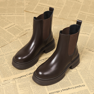 皮面切尔西靴女2025新款春秋单靴超火厚底瘦瘦短靴马皮女鞋烟筒靴