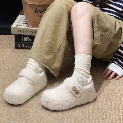 内增高厚底加绒全包勃肯鞋女2025新款冬季玛丽珍毛毛鞋雪地靴棉鞋