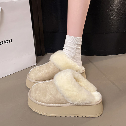 厚底增高防水雪地靴包头半拖鞋女外穿2025新款冬季加绒毛毛棉拖鞋