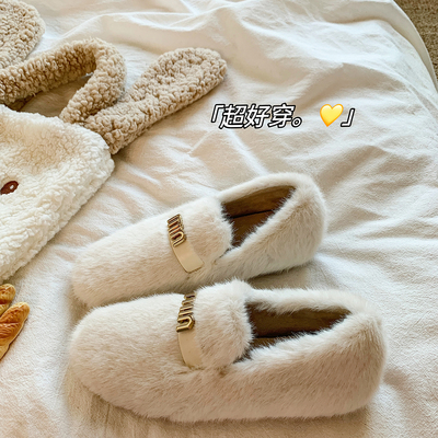 法式内增高一脚蹬毛毛鞋女外穿2025秋冬新款加绒玛丽珍豆豆鞋棉鞋