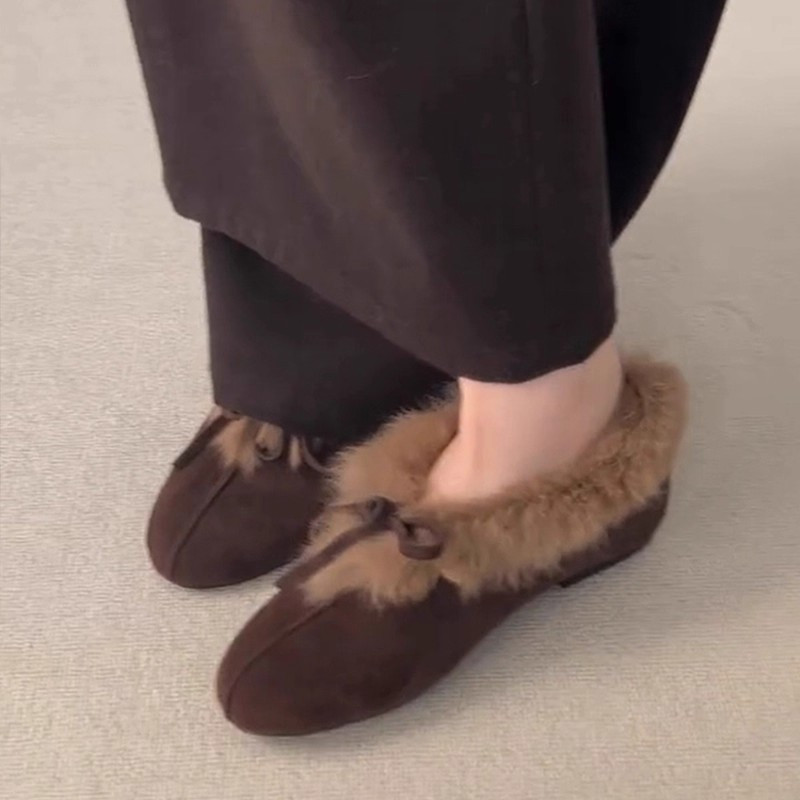 复古内增高加绒单鞋女2025冬季新款圆头蝴蝶结勃肯毛毛鞋保暖棉鞋