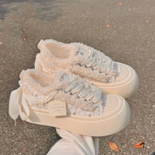 冬季运动鞋女加绒2025爆款厚底女鞋子二棉冬款女棉鞋白色