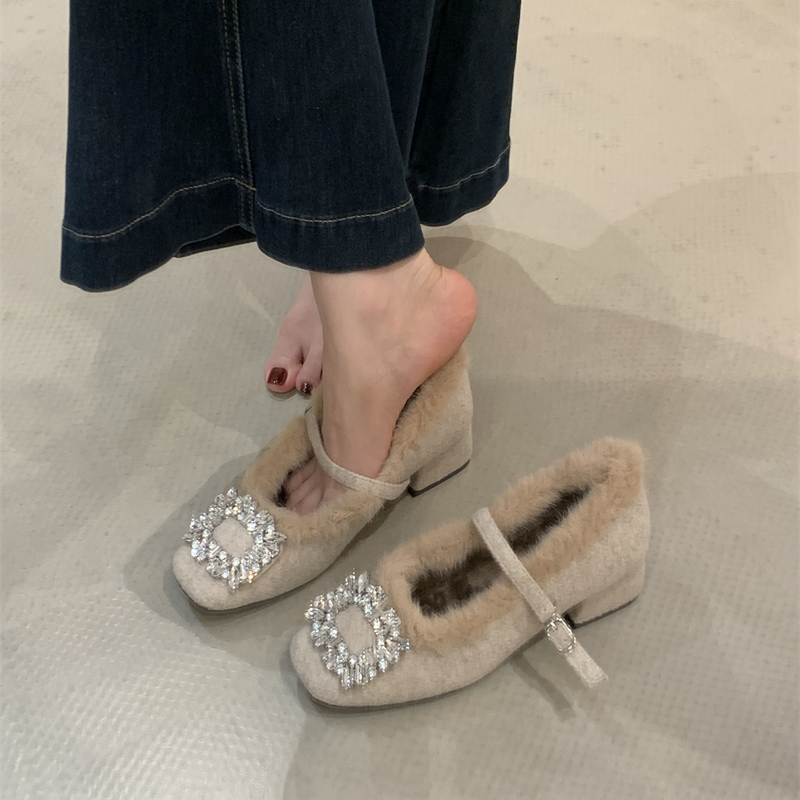 秋冬配裙子保暖加绒玛丽珍鞋水钻单鞋粗跟高跟鞋法式鞋女鞋毛毛鞋