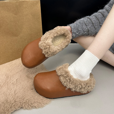 厚底内增高皮面包头半拖鞋女外穿2025冬季新款百搭加绒勃肯棉拖鞋
