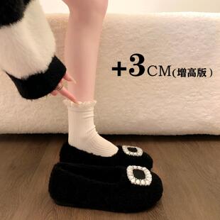 软平底一脚蹬毛毛鞋女2025秋冬新款水钻方扣豆豆鞋加绒保暖棉瓢鞋