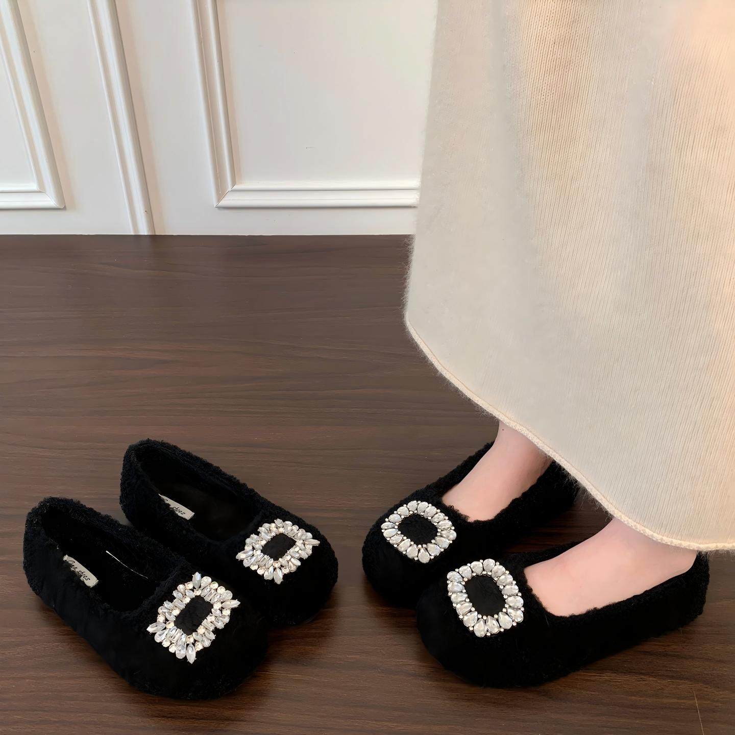 软平底一脚蹬毛毛鞋女2025秋冬新款水钻方扣豆豆鞋加绒保暖棉瓢鞋,女鞋,浅口单鞋,淘宝优惠券,粉丝福利购,淘宝优惠卷
