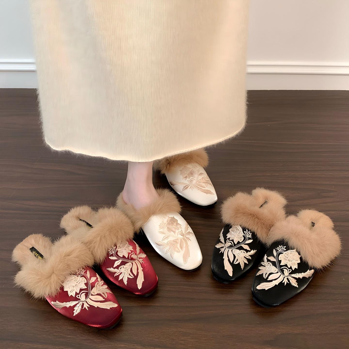 新中式国风包头新款秋冬季一脚蹬刺绣外穿免毛毛半拖鞋平底穆勒鞋