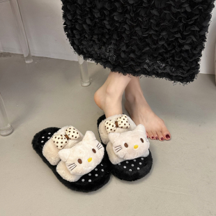 厚底加绒波点拖鞋 新款 女2025年秋冬季 可爱蝴蝶结大头猫咪毛毛拖鞋