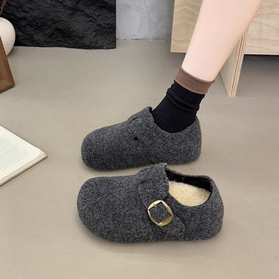 厚底灰色毛呢勃肯鞋一脚蹬毛毛鞋女鞋2025新款秋冬加绒豆豆鞋棉鞋